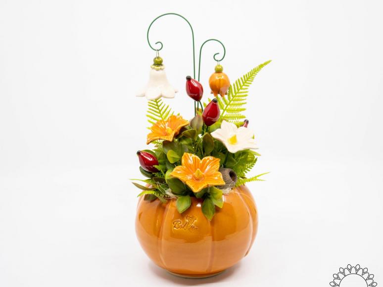 Large Pumpkin Pot Centerpiece with Mallow 